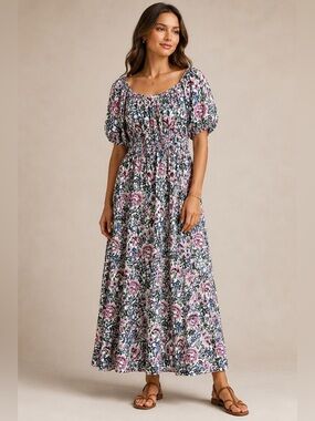 Ivy City Co Floral Maxi Dress 1X Puff Sleeve Smocked Cottagecore Pink Green